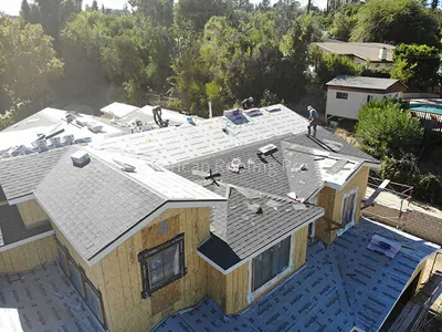 Aerial view of a completed roof project across a Los Angeles residential neighborhood.