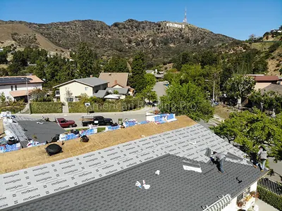 Drone view of a completed roof replacement in the Valley.