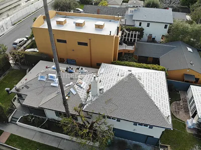 Drone view of a residential roof in the San Fernando Valley.