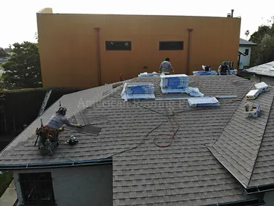 Flat roof project in progress on a Los Angeles building.